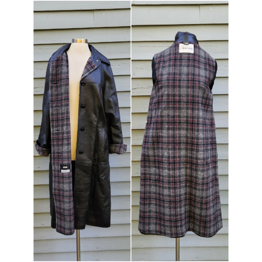 Vintage Kalins Jadoli Leather Trench Coat Black Plaid Wool Blend Lining Size 12
